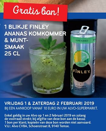 Promoties Vrijdag 1 + zaterdag 2 februari 2019 - Finley - Geldig van 30/01/2019 tot 12/02/2019 bij Alvo