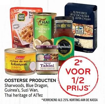 Promoties 2e voor 1-2 prijs oosterse producten sharwoods, blue dragon, guinea`s, suzi wan, thai heritage of al`fez - Huismerk - Alvo - Geldig van 30/01/2019 tot 12/02/2019 bij Alvo