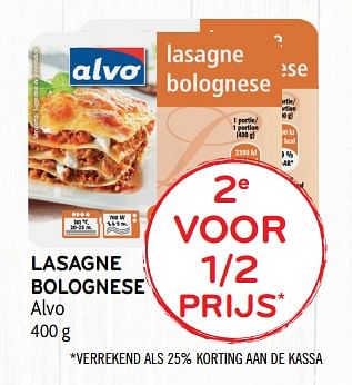 Promoties 2e voor 1-2 prijs lasagne bolognese alvo - Huismerk - Alvo - Geldig van 30/01/2019 tot 12/02/2019 bij Alvo