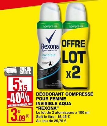 Promotions Déodorant compressé pour femme invisible aqua rexona - Rexona - Valide de 16/01/2019 à 27/01/2019 chez Coccinelle