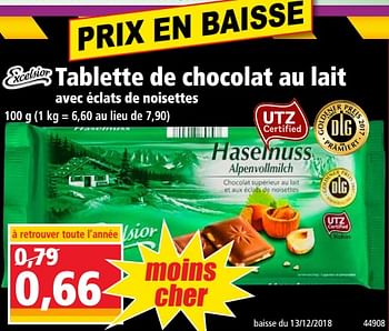 Promotions Tablette de chocolat au lait avec éclats de noisettes - Excelsior - Valide de 23/01/2019 à 29/01/2019 chez Norma