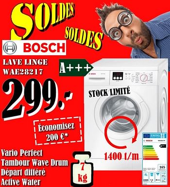 Promotions Bosch kave linge wae28217 - Bosch - Valide de 03/01/2019 à 31/01/2019 chez Electro Zschau