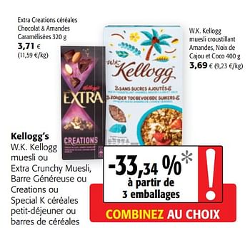 Promotions Kellogg`s w.k. kellogg muesli ou extra crunchy muesli, barre généreuse ou creations ou special k céréales petit-déjeuner ou barres de céréales - Kellogg's - Valide de 16/01/2019 à 29/01/2019 chez Colruyt