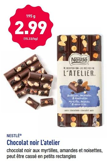 Promotions Chocolat noir l`atelier - Nestlé - Valide de 21/01/2019 à 26/01/2019 chez Aldi