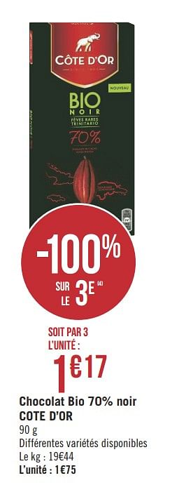 Promotions Chocolat bio 70% noir cote d`or - Cote D'Or - Valide de 22/01/2019 à 03/02/2019 chez Géant Casino