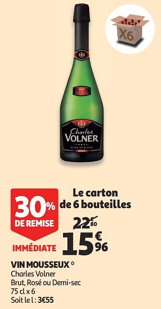 Promotions Vin mousseux charles volner brut, rosé ou demi-sec - Mousseux - Valide de 23/01/2019 à 29/01/2019 chez Auchan Ronq
