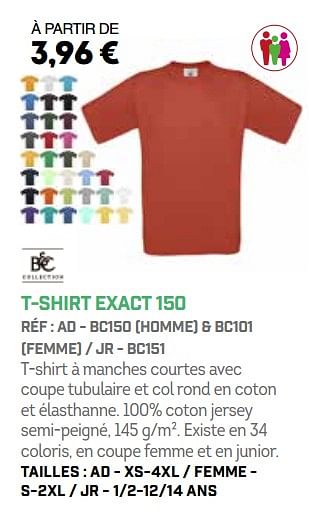 Promotions T-shirt exact 150 - B&C - Valide de 01/10/2018 à 31/03/2019 chez Sport 2000