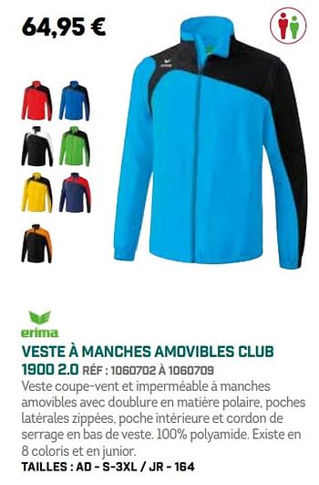 Promotions Veste à manches amovibles club 1900 2.0 - Erima - Valide de 01/10/2018 à 31/03/2019 chez Sport 2000