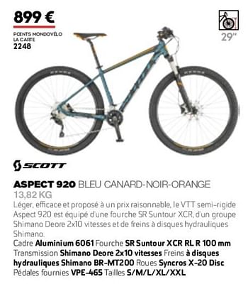Promoties Aspect 920 bleu canard-noir-orange 13.82 kg - Scott - Geldig van 01/01/2019 tot 31/12/2019 bij Sport 2000