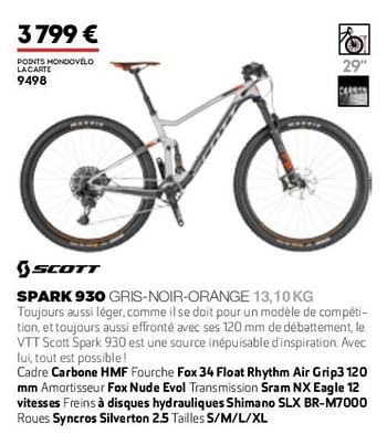 Promotions Spark 930 gris-noir-orange 13,10 kg - Scott - Valide de 01/01/2019 à 31/12/2019 chez Sport 2000