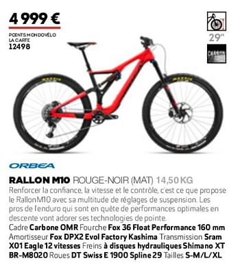 Promotions Rallon m10 rouge-noir mat 14,50 kg - Orbea  - Valide de 01/01/2019 à 31/12/2019 chez Sport 2000