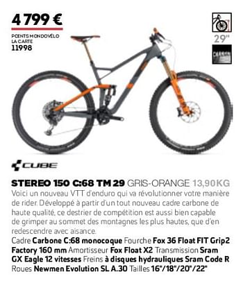 Promotions Stereo 150 c:68 tm 29 gris-orange 13,90kg - Cube - Valide de 01/01/2019 à 31/12/2019 chez Sport 2000