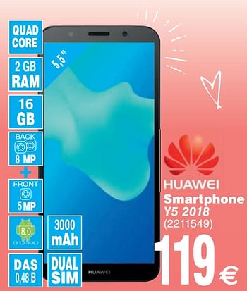 Promotions Huawei smartphone y5 2018 - Huawei - Valide de 29/01/2019 à 14/02/2019 chez Cora
