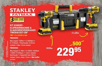 Promotions Stanley kit schroef-klopboormachine + slagschroevendraaier fmck461d2t-qw - Stanley - Valide de 31/01/2019 à 17/02/2019 chez HandyHome