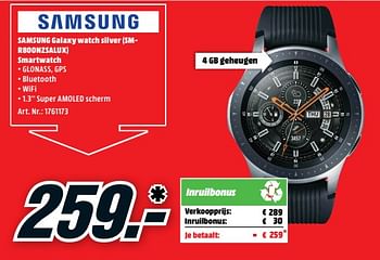 Promoties Samsung galaxy watch 46 mm silver (sm-r800nzsalux) smartwatch - Samsung - Geldig van 04/02/2019 tot 10/02/2019 bij Media Markt