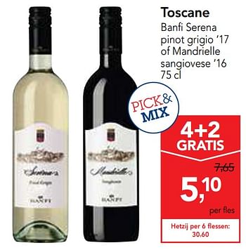 Promotions Toscane banfi serena pinot grigio `17 of mandrielle sangiovese `16 - Vins rouges - Valide de 13/02/2019 à 26/02/2019 chez Makro