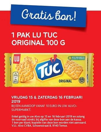 Promoties Gratis bon 1 pak lu tuc original - Lu - Geldig van 15/02/2019 tot 16/02/2019 bij Alvo