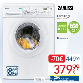 Promotions Zanussi lave-linge zwf81443w - Zanussi - Valide de 01/02/2019 à 28/02/2019 chez Eldi