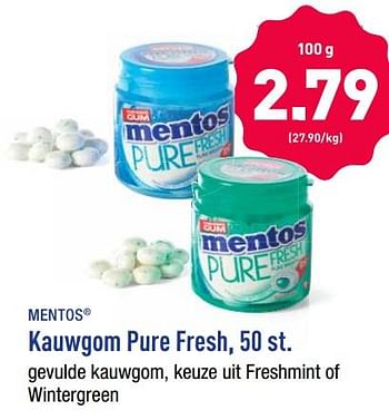 Promotions Kauwgom pure fresh - Mentos - Valide de 11/02/2019 à 16/02/2019 chez Aldi