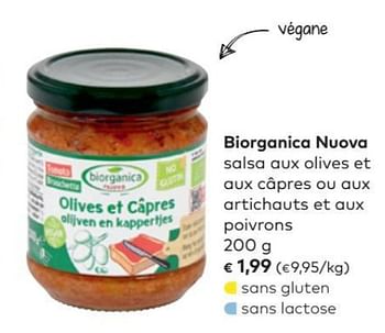 Promotions Biorganica nuova salsa aux olives et aux câpres ou aux artichauts et aux poivrons - Biorganica - Valide de 06/02/2019 à 05/03/2019 chez Bioplanet