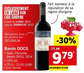 Promotions Barolo docg - Vins rouges - Valide de 18/02/2019 à 23/02/2019 chez Lidl