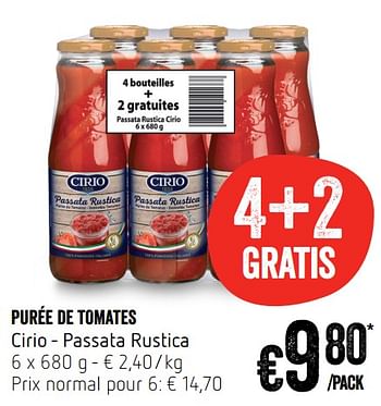 Promotions Purée de tomates cirio - passata rustica - CIRIO - Valide de 14/02/2019 à 20/02/2019 chez Delhaize