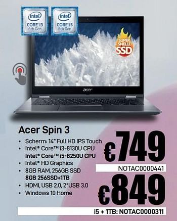 Promoties Acer spin 3 - Acer - Geldig van 14/02/2019 tot 07/03/2019 bij Compudeals