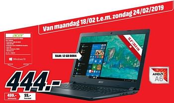 Promoties Acer aspire 3 a315-21-65qc 15.6`` laptop - Acer - Geldig van 18/02/2019 tot 24/02/2019 bij Media Markt