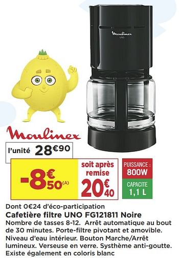 Cafetière MOULINEX FG121811 UNO 800W - Noir