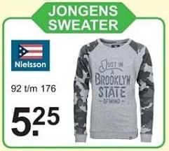 Promotions Jongens sweater - Nielsson - Valide de 11/02/2019 à 02/03/2019 chez Van Cranenbroek
