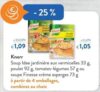 Promotions Knorr soup ideejardinière aux vermicelles , poulet , tomates-légumes ou soupe finesse crème asperges - Knorr - Valide de 13/02/2019 à 26/02/2019 chez OKay