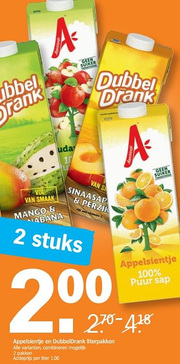 Promoties Appelsientje en dubbeldrank literpakken - Appelsientje - Geldig van 18/02/2019 tot 24/02/2019 bij Albert Heijn
