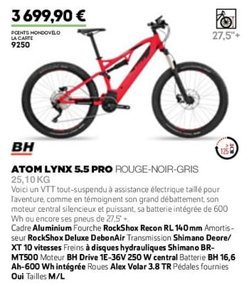 Promotions Atom lynx 5.5 pro rouge-gris-noir - BH - Valide de 01/01/2019 à 31/12/2019 chez Sport 2000