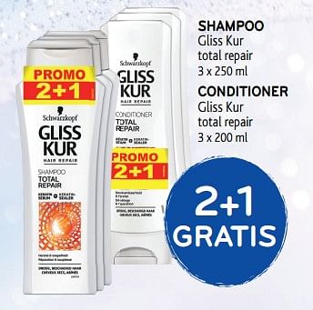Promoties 2+1 gratis shampoo gliss kur total repair conditioner gliss kur total repair - Schwarzkopf - Geldig van 27/02/2019 tot 12/03/2019 bij Alvo
