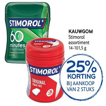 Promotions 25% korting bij aankoop van 2 stuks kauwgom stimorol assortiment - Stimorol - Valide de 27/02/2019 à 12/03/2019 chez Alvo