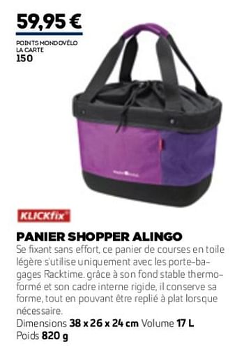 Promotions Panier shopper alingo - KLICKfix  - Valide de 01/01/2019 à 31/12/2019 chez Sport 2000