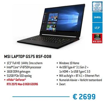 Promoties Msi laptop gs75 8sf-008 - MSI - Geldig van 15/02/2019 tot 15/04/2019 bij Exellent