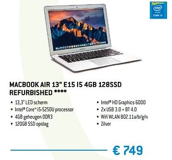 Promoties Macbook air 13`` e15 i5 4gb 128ssd refurbished - Apple - Geldig van 15/02/2019 tot 15/04/2019 bij Exellent