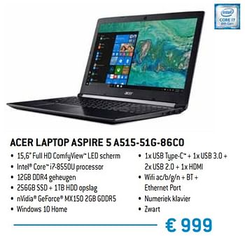 Promoties Acer laptop aspire 5 a515-51g-86c0 - Acer - Geldig van 15/02/2019 tot 15/04/2019 bij Exellent