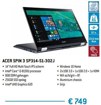 Promoties Acer spin 3 sp314-51-302j - Acer - Geldig van 15/02/2019 tot 15/04/2019 bij Exellent