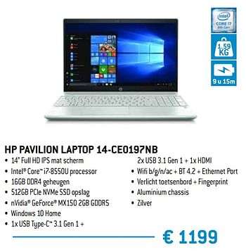Promoties Hp pavilion laptop 14-ce0197nb - HP - Geldig van 15/02/2019 tot 15/04/2019 bij Exellent
