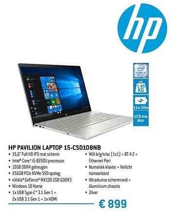 Promoties Hp pavilion laptop 15-cs0108nb - HP - Geldig van 15/02/2019 tot 15/04/2019 bij Exellent