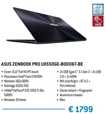 Promotions Asus zenbook pro ux550ge-bo006t-be - Asus - Valide de 15/02/2019 à 15/04/2019 chez Exellent