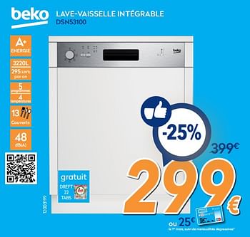 Promotions Beko lave-vaisselle intégrable dsn53100 - Beko - Valide de 25/02/2019 à 24/03/2019 chez Krefel