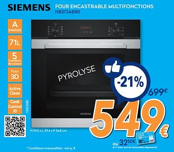 Promotions Siemens four encastrable multifonctions hb373abr0 - Siemens - Valide de 25/02/2019 à 24/03/2019 chez Krefel