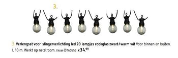 Promoties Verlengset voor slingerverlichting led 20 lampjes rookglas zwart-warm wit - Huismerk - Dreamland - Geldig van 26/02/2019 tot 30/06/2019 bij Dreamland