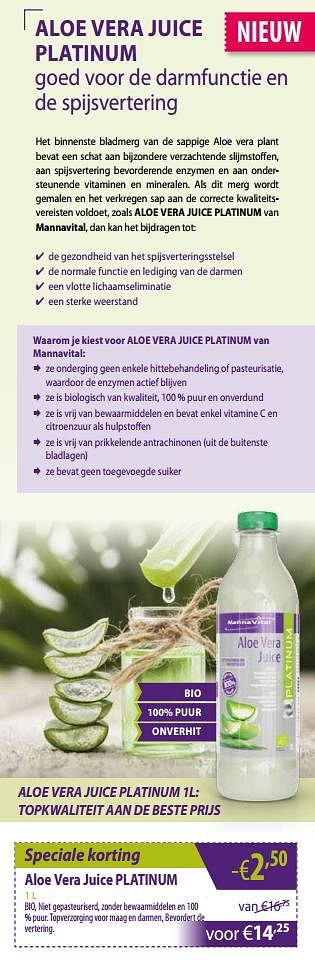 Promoties Aloe vera juice platinum - Mannavital - Geldig van 01/03/2019 tot 30/03/2019 bij Mannavita