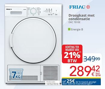 Promoties Friac droogkast met condensatie dkc 7010e - Friac - Geldig van 01/03/2019 tot 31/03/2019 bij Eldi