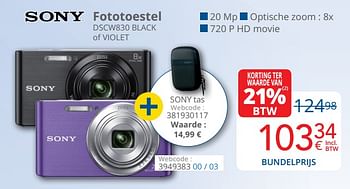 Promotions Sony fototoestel dscw830 black of violet - Sony - Valide de 01/03/2019 à 31/03/2019 chez Eldi