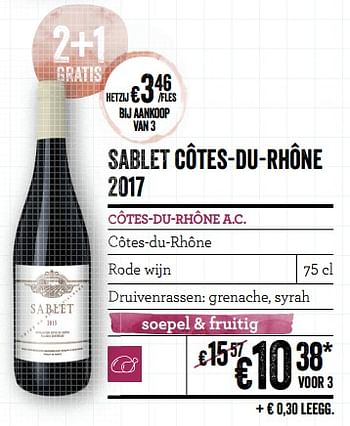 Promotions Sablet côtes-du-rhône 2017 cotes-du-rhone a.c. cotes-du-rhone - Vins rouges - Valide de 21/02/2019 à 20/03/2019 chez Delhaize